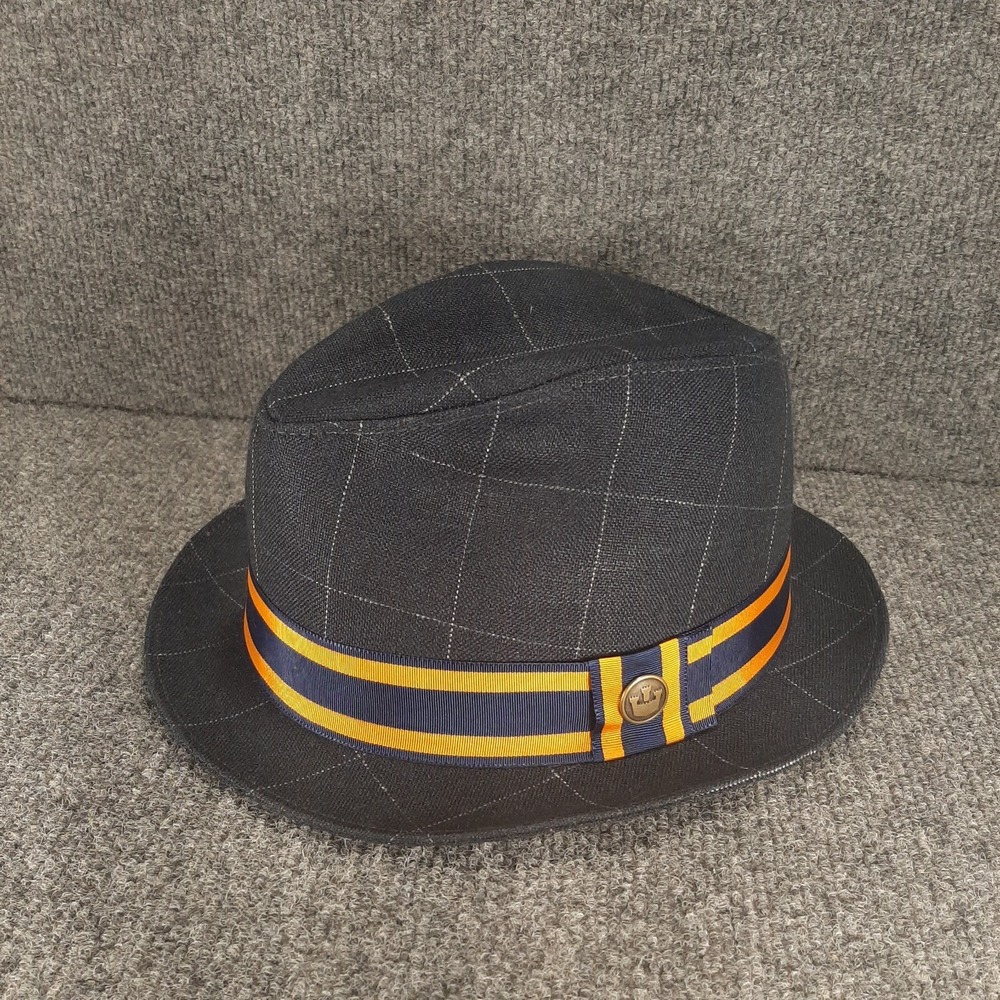 Goorin Bros Fedora Hat Black Gray Pin Striped Yellow Blue Band Mens Size XL USA